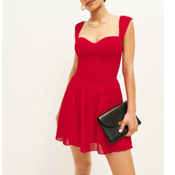 New Reformation Taiga Sweetheart Mini Dress Poinsetta Red 2, XS $218 - Picture 3 of 11